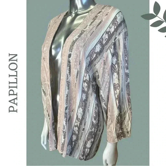 Papillon Kimono Top Long Sleeve Vertical Stripe PaisleyPink Cream Light Brown - Picture 3 of 7